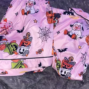 【Halloween】Retro Strawberry Girl Halloween Collared Pajama Set | Cute 80s Nostalgic Cartoon & Pumpkin Print Sleepwear | Soft Short Sleeve Button Down Lounge Outfit | Fun Summeroween 2-Piece PJs with Black Piping Pj Sets