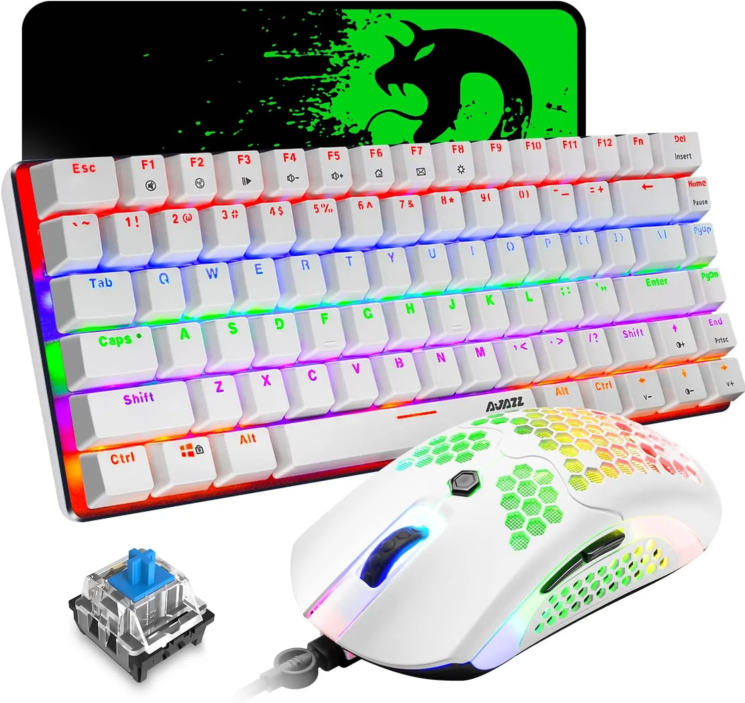 ZIYOU LANG 80% Mechanical Gaming Keyboard and Mouse Mousepad,3 in 1 Gaming Set,Rainbow LED Backlit,RGB 12000 DPI Lightweight Gaming Mouse with Honeycomb Shell,Large Mouse Pad for PC Gamer(White) macaron  keyboard clix  keyboard