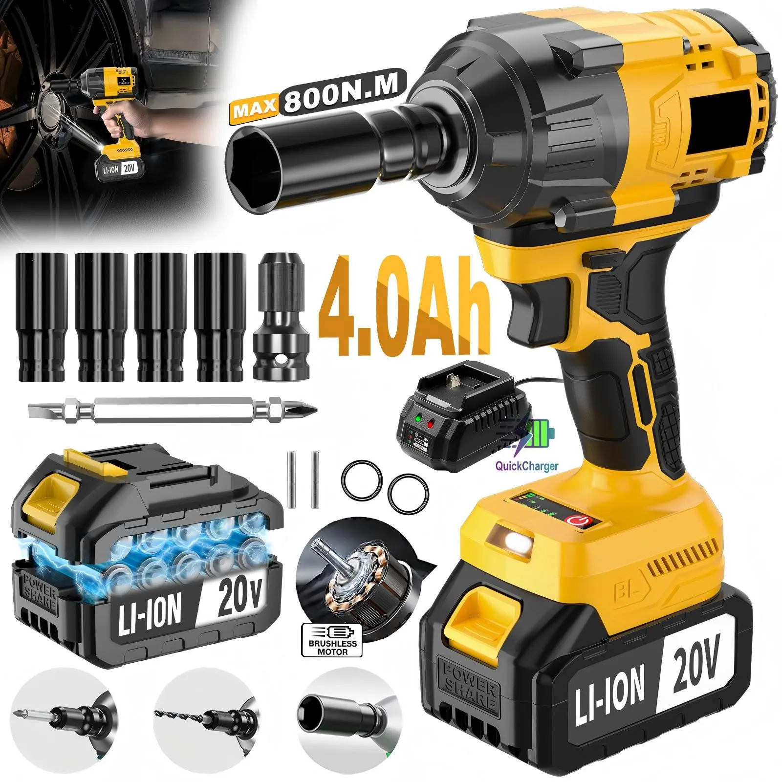speed wrench 20V Cordless Impact Wrench Kit, 800N Max Torque  Electric Wrench with Brushless Motor,  Car Repair, Tire Removal, Garage Maintenance, Home DIY Heavy Duty Impact Gun/800N.M High Torque Dual-Purpose rechargeable lithium portable