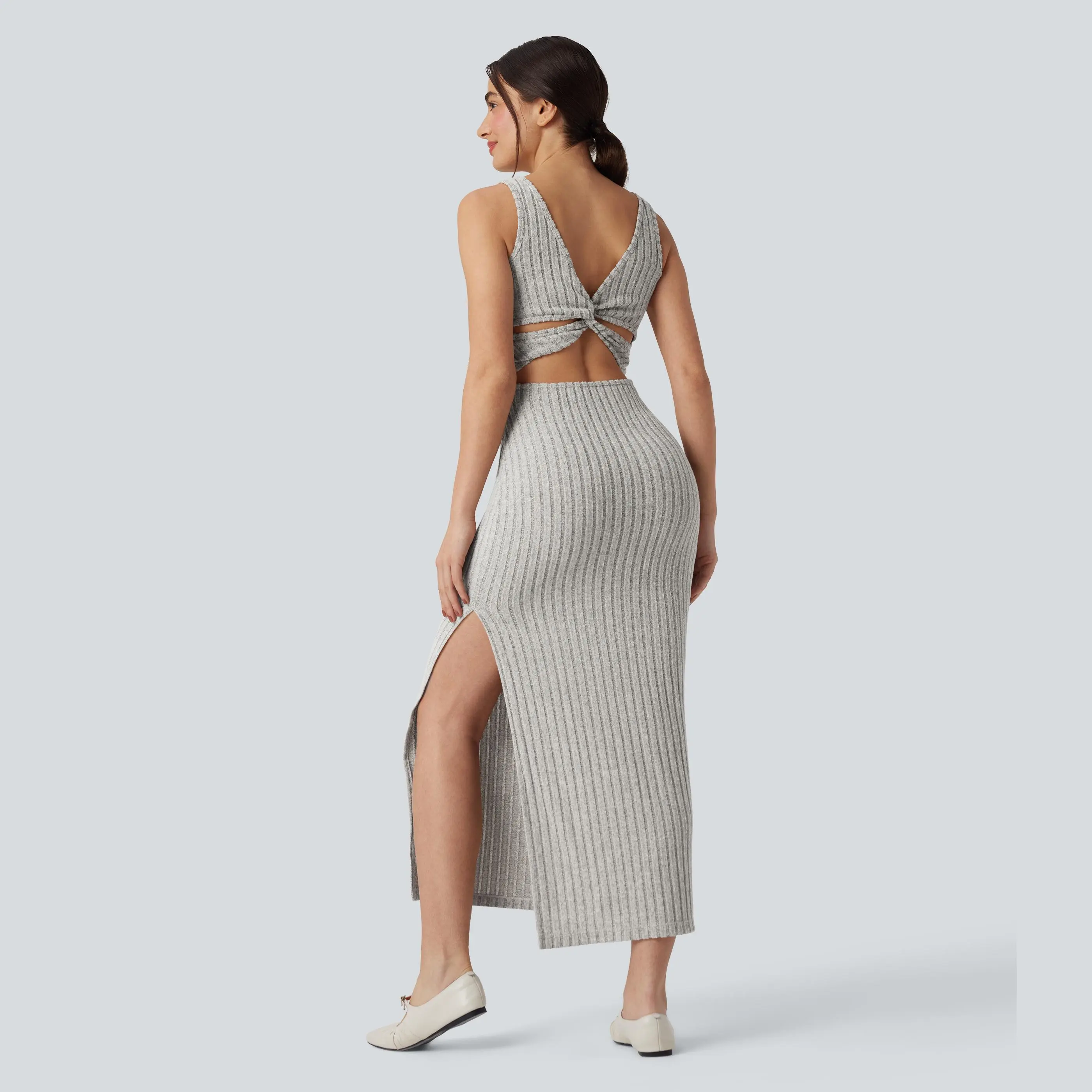 Halara Ribbed Knit Square Neck Sleeveless Twist-back Split Casual Bodycon Maxi Dress #BackToSchool