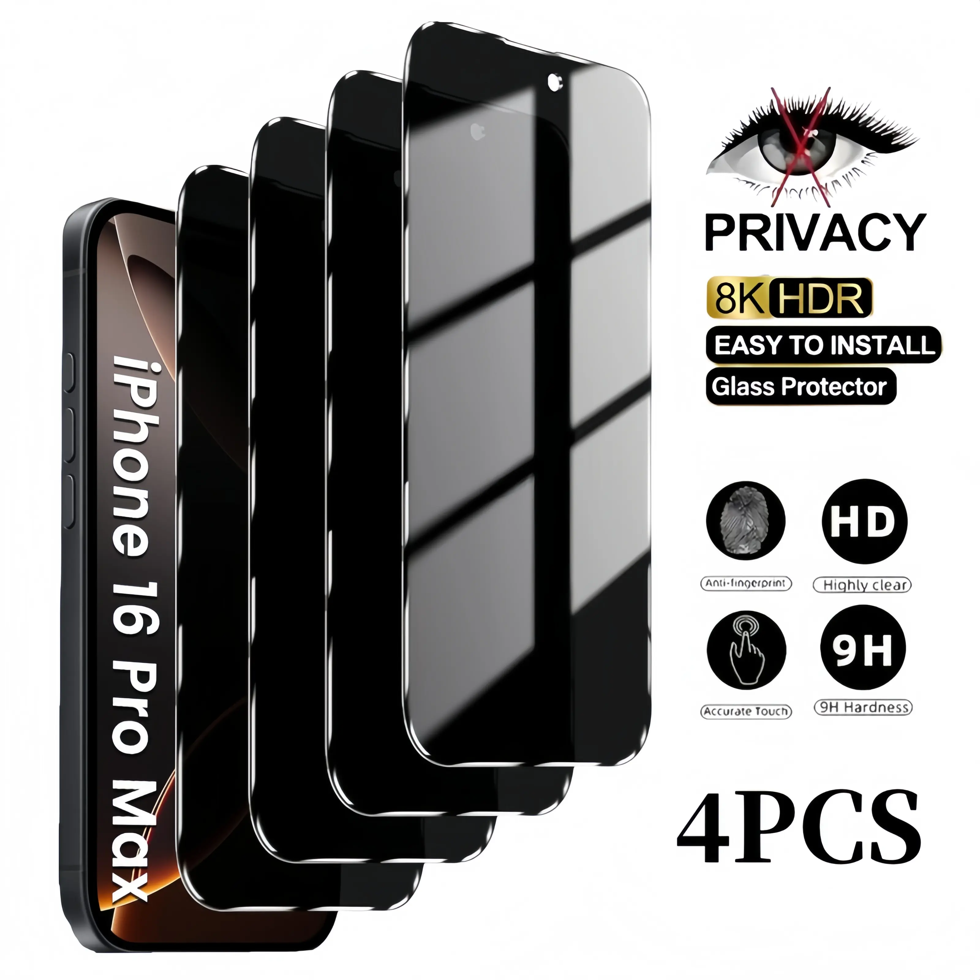 4 PCS Privacy Tempered Glass Screen Protector for iPhone 17 Air, 16E, 16, 15, 14, 13 Pro Max Plus - Full Coverage, Anti-Spy, 9H Hardness, No Bubbles, Case-Friendly Smartphone Handheld Devices Casing Accessories, Cellphone, Protective