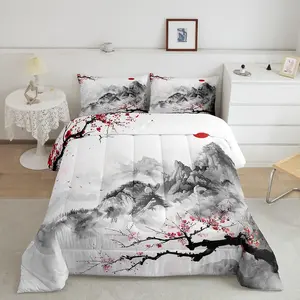Cherry Blossoms Designer Comforter Set,Japanese Ukiyoe Comforter,Red Sun Fuji Mountain Home Decor Luxury Bedding Set,Japanese-Style Duvet Set