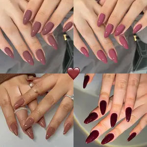 96pcs Long Almond Shape Glossy Nail Polish Stickers, & Acrylic Press-On Nails, Includes Jelly Glue & Nail File, Women & Girls