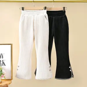 Girls' casual pants, autumn and winter new style, fleece-lined for outdoor wear, sporty cropped pants, for older children, spring lace flared pants for girls outfit