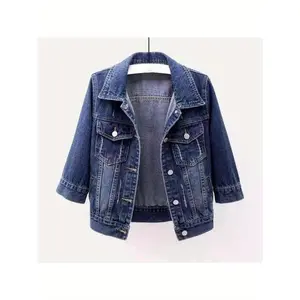 Women's Light Washed Short Denim Jacket 3/4 Sleeve Casual Truck Style Button Front Chest Pocket Loose Fit Spring Tops