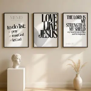 Black & White Christian Wall Art Set of 3 | Minimalist Bible Verse Prints | Love Like Jesus| Faith To Do List | Psalm 28 7
