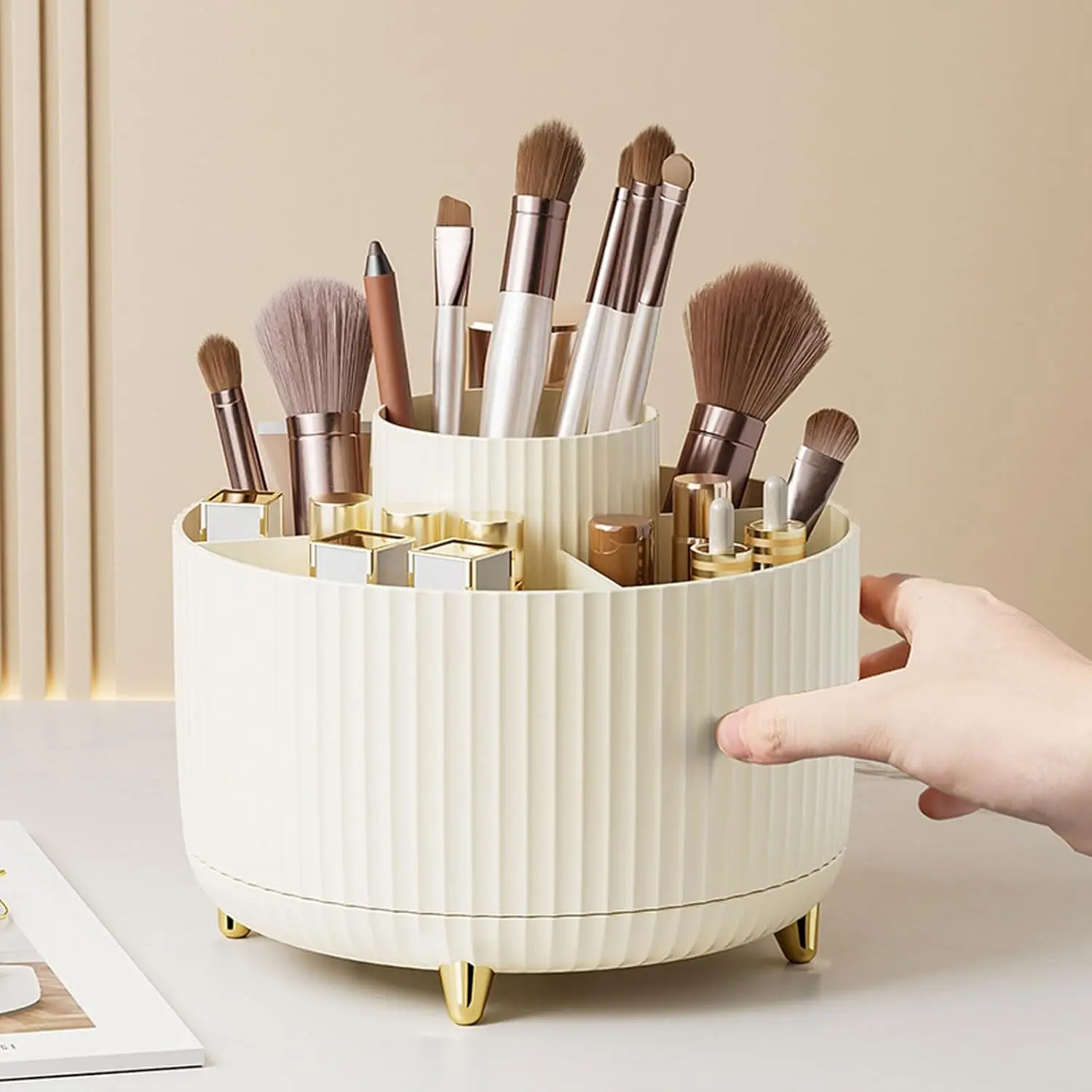 Large Capacity Makeup Brush Holder,360° Rotating Makeup Organizer,5 Slot Makeup Brushes Cup,for Vanity Decor,Bathroom Countertops,Desk Storage Container,Cosmetic Display cases