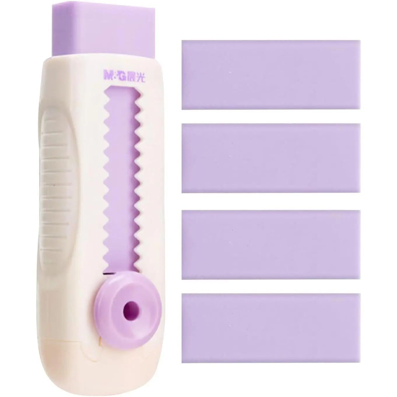 4+1 Pack Rubber Erasers Sliding Retractable Eraser, Soft Cute Erasers Push Pull Large Pencil Eraser with Plastic Sleeve 4 Refill Eraser for Students , School Office  Supplies (Purple)