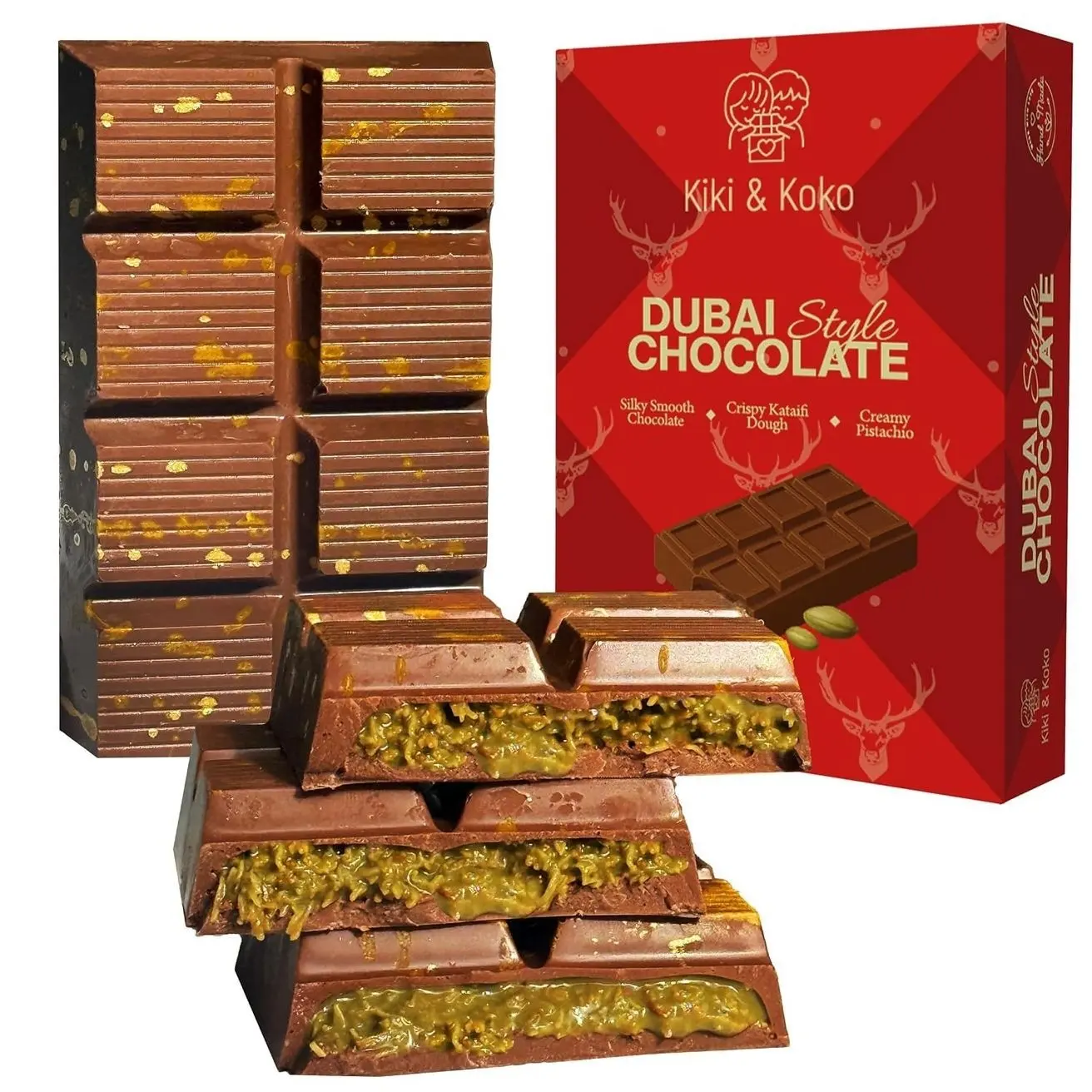 Dubai Chocolate Pistachio Bar 6.5oz - Handmade Kunafa Baklava-Inspired Dessert with European Milk Chocolate and Pistachio Cream