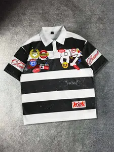 Black and white striped printed graphics polo shirt short sleeved t-shirt unisex striped polo collar short sleeved badge 87 digital shirt collar short sleeved European and American street casual fashion trend brand 2026 new short sleeved shirt