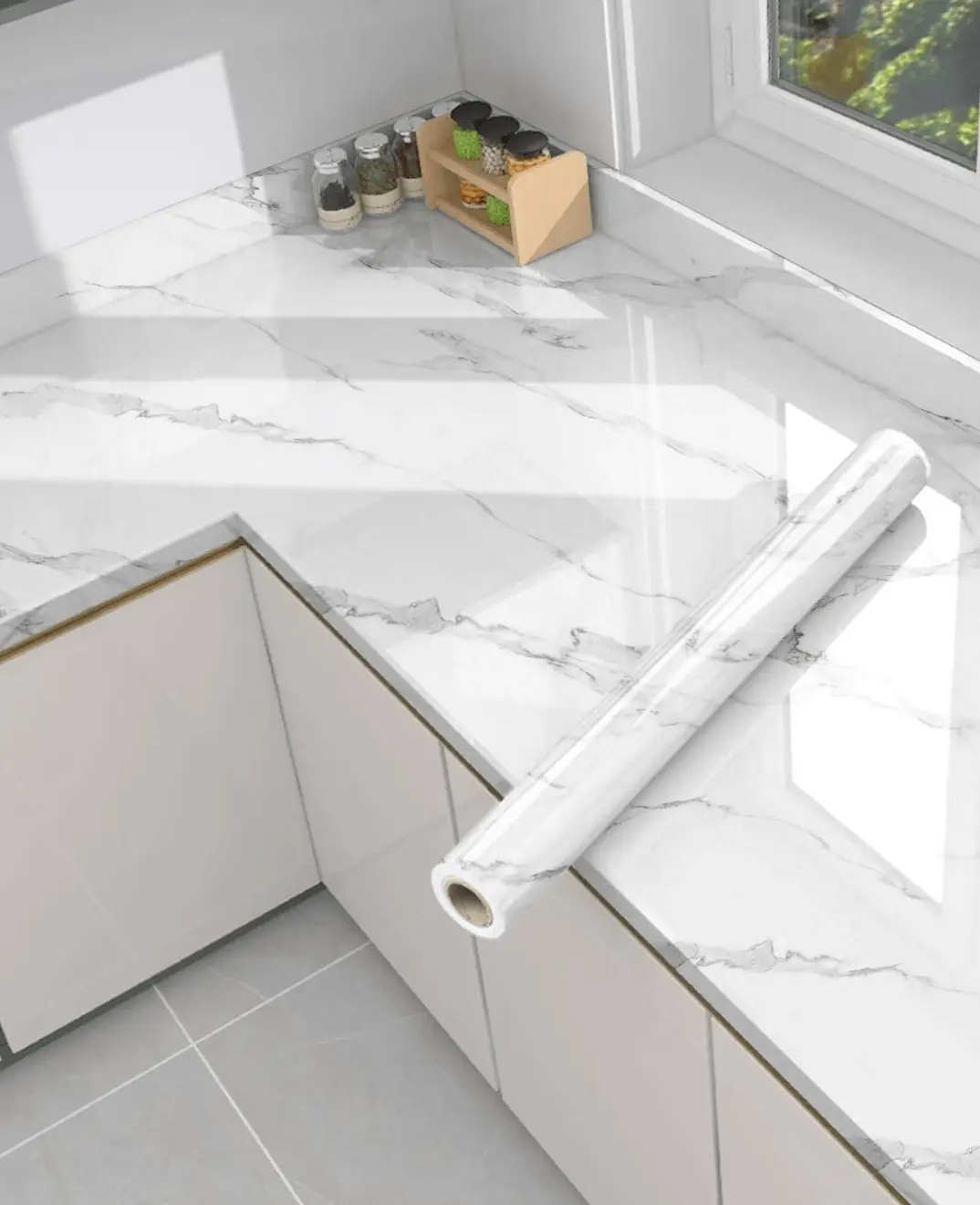 Plain Marble Look Peel-and-Stick Indoor Wallpaper - Waterproof, Oil-Proof, Easy-to-Install Wall Covering for Kitchen, Bedroom Home Renovation & Decoration (For DIY Enthusiasts), Indoor Use
