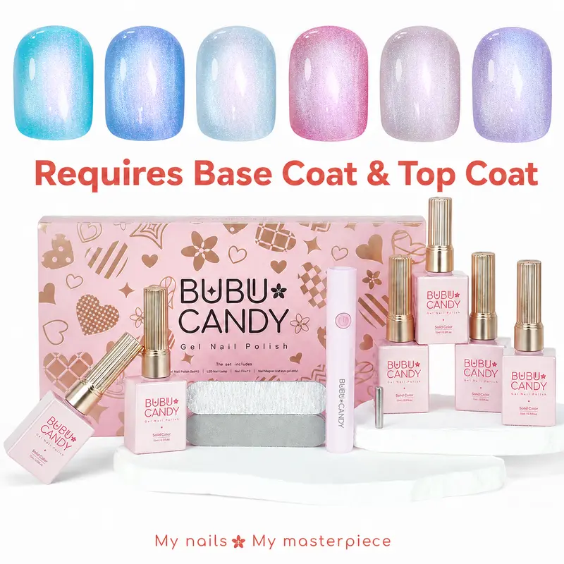 BUBU CANDY M's Pick Mermaid Cat Eye Gel Polish Set, 6PCS 15ML Icy Blue Purple Colors, HEMA & TPO-Free Kit with LED Lamp & Nail Files
