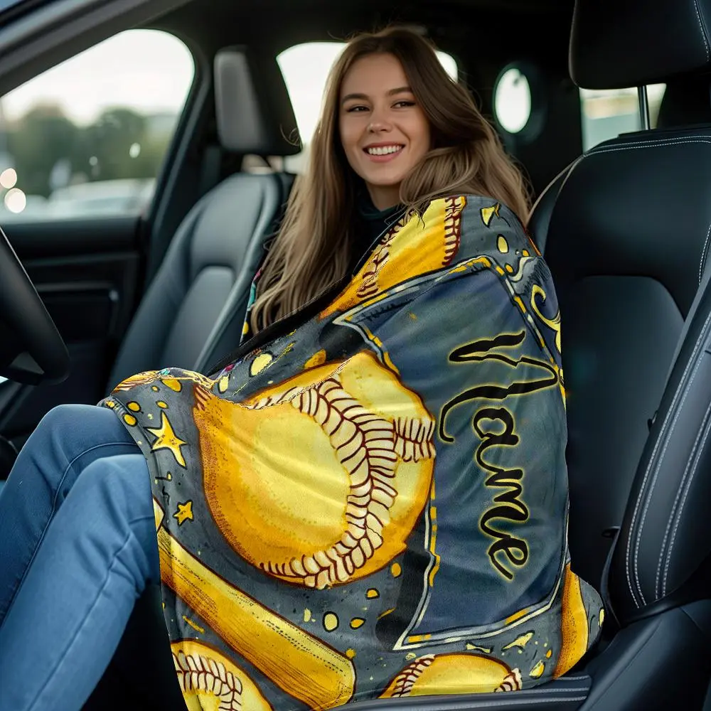 Custom Baseball Theme Full Print Blanket - 280gsm Lightweight Polyester Flannel, Personalized Name Space, Living Room Decor, Camping Use, Lightweight Warmth, Machine Washable, Perfect for Sofa, Bed, Christmas, Wedding