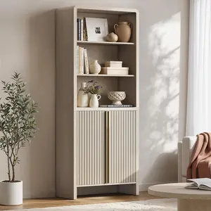 ModernMate 74.1" Fluted Book Shelf with Doors, 6 Tier Bookshelf with Thicken Bookshelves & Bookcases, Modern Book Case with Large Storage Display Cabinet for Living Room & Office, Bedroom, White Alder