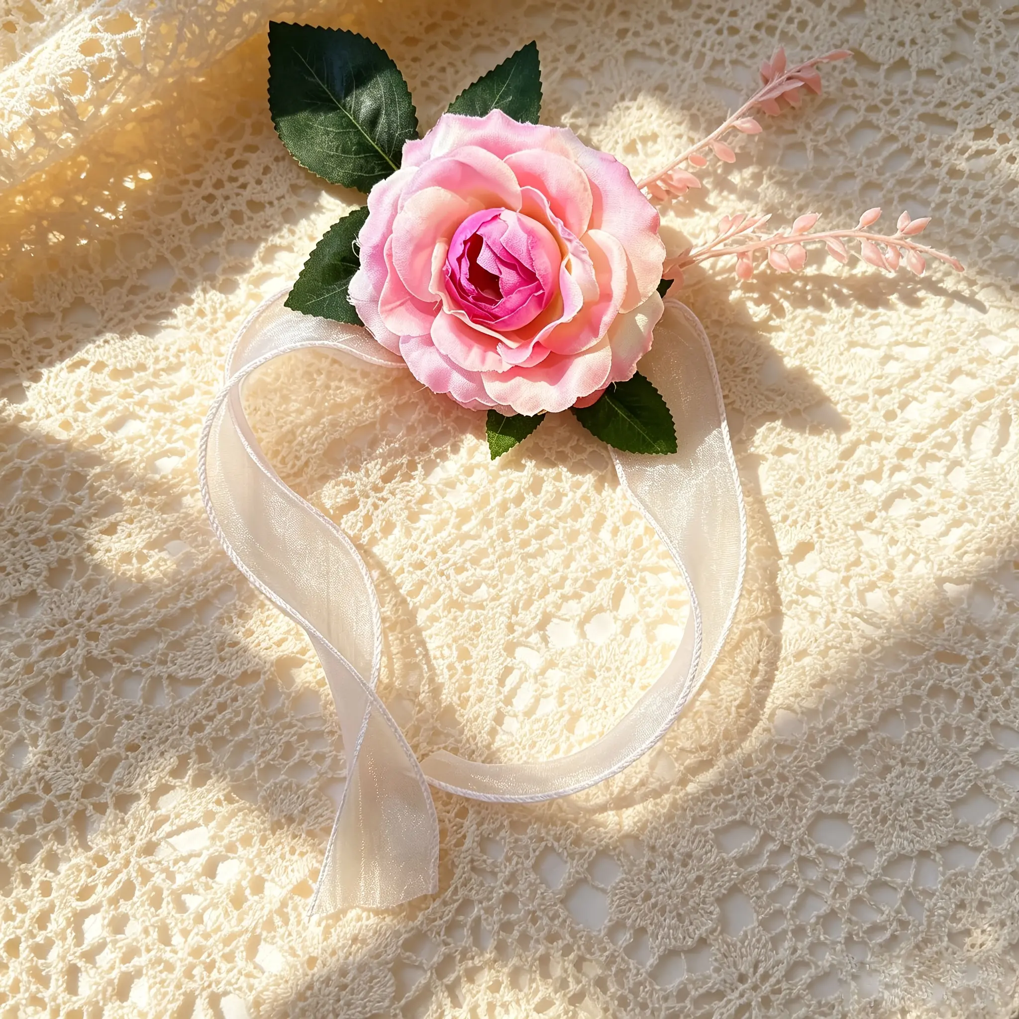 Single Classic Artificial Pink Rose Corsage with Green Leaves, White Ribbon - No-Fuss Home Decor Centerpiece Plants for Weddings, Special Events, Flower