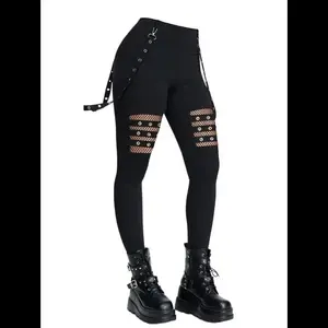 2025 Women's Gothic Pants Hollow Out Solid Color Gothic Pants Grommet Chain Embellishment High Waisted Long Skinny Pants