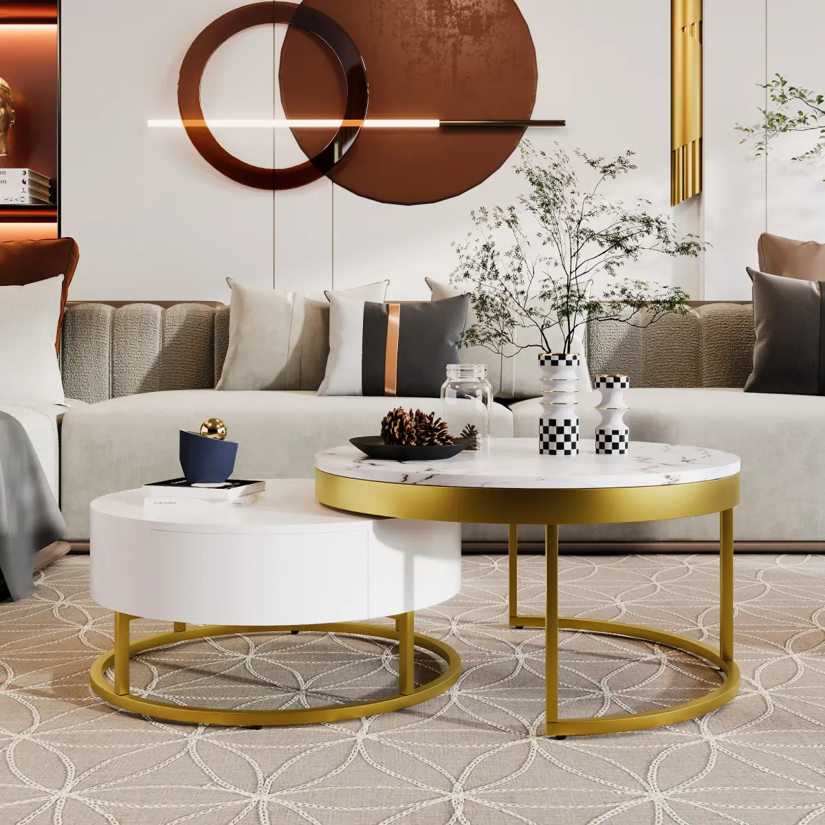 [Bellemave]Modern Round  Nesting Coffee Table with Drawers in White    RR