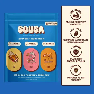 Sousa Protein + Hydration Mix,  6 Count Variety Starter Pack, 20g Whey Protein + 1500mg Electrolytes, 6 Packets, Fitness & Recovery Support, Muscle Recovery & Hydration Formula