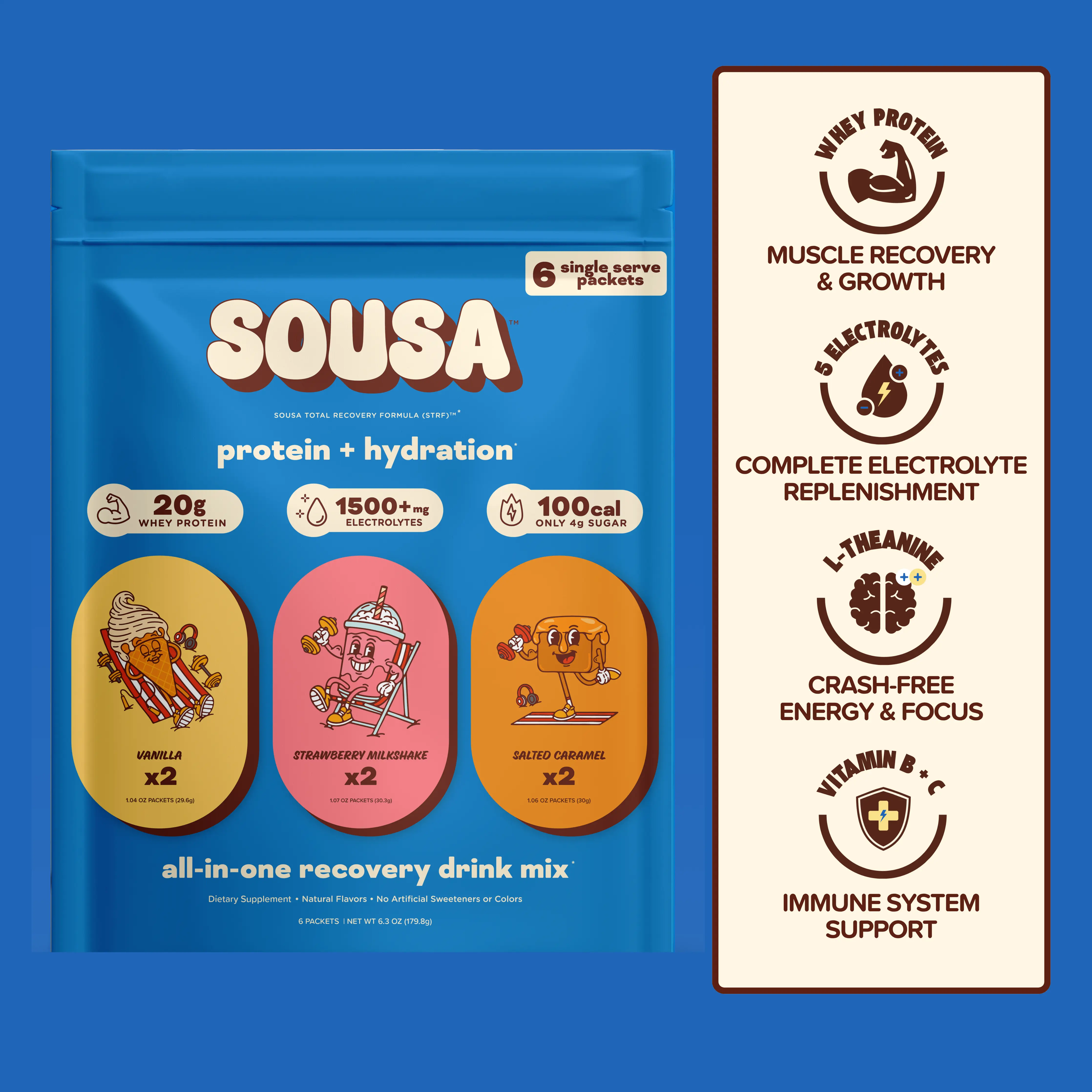 Sousa Protein + Hydration Beverage Mix, 6-Count Variety Starter Pack (2 Each of Vanilla, Strawberry Milkshake, Salted Caramel), 20g Whey, 1500mg Electrolytes, Low Sugar Fitness Supplements, Protein Nutrition Supplement for Recovery Support, Dietary