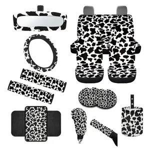 14pcs Cow Print Car Interior Accessories Set - Black & White Cow Pattern Seat Covers, Steering Wheel Grip, Armrest & Shoulder Pads  - Soft Cushioned Non-Slip Grips, Durable Easy-Clean Fabric for Cars, Trucks, SUVs  Fit