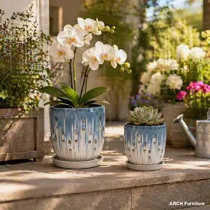 Modern Ceramic Planter Set - ARCH Handmade Blue-White Gradient Multi-Hole Pots (7.48"*8.07" & 5.51"*6.1"), Breathable Indoor/Outdoor Garden Pots with Drainage Holes for Orchids, Succulents on Windowsill, Modern Plant Pot