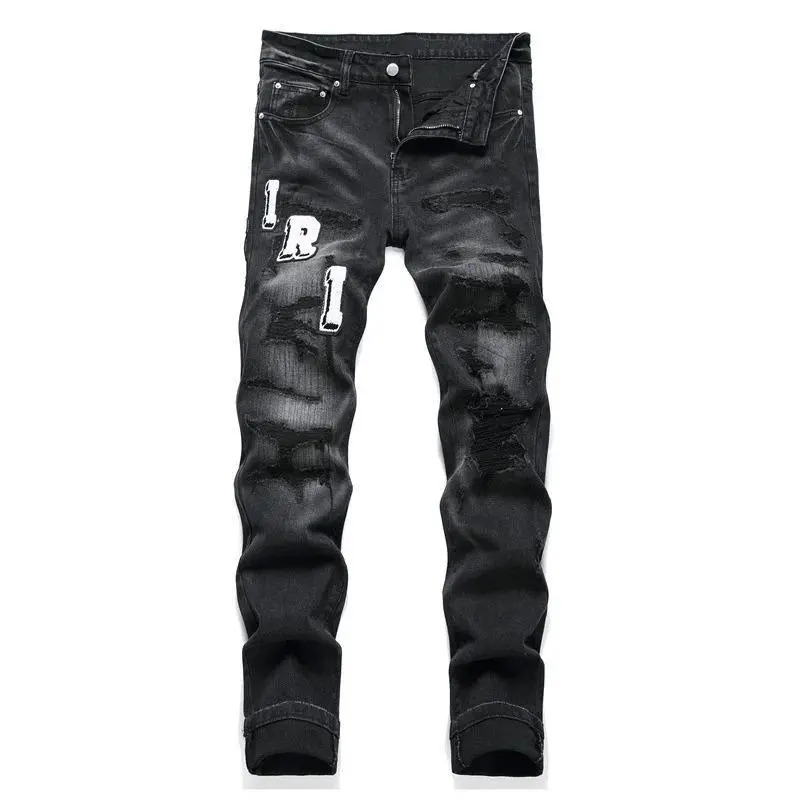 Men's retro black jeans with ripped holes, trendy stretch slim fit, fashionable pants, versatile men's pants Casual