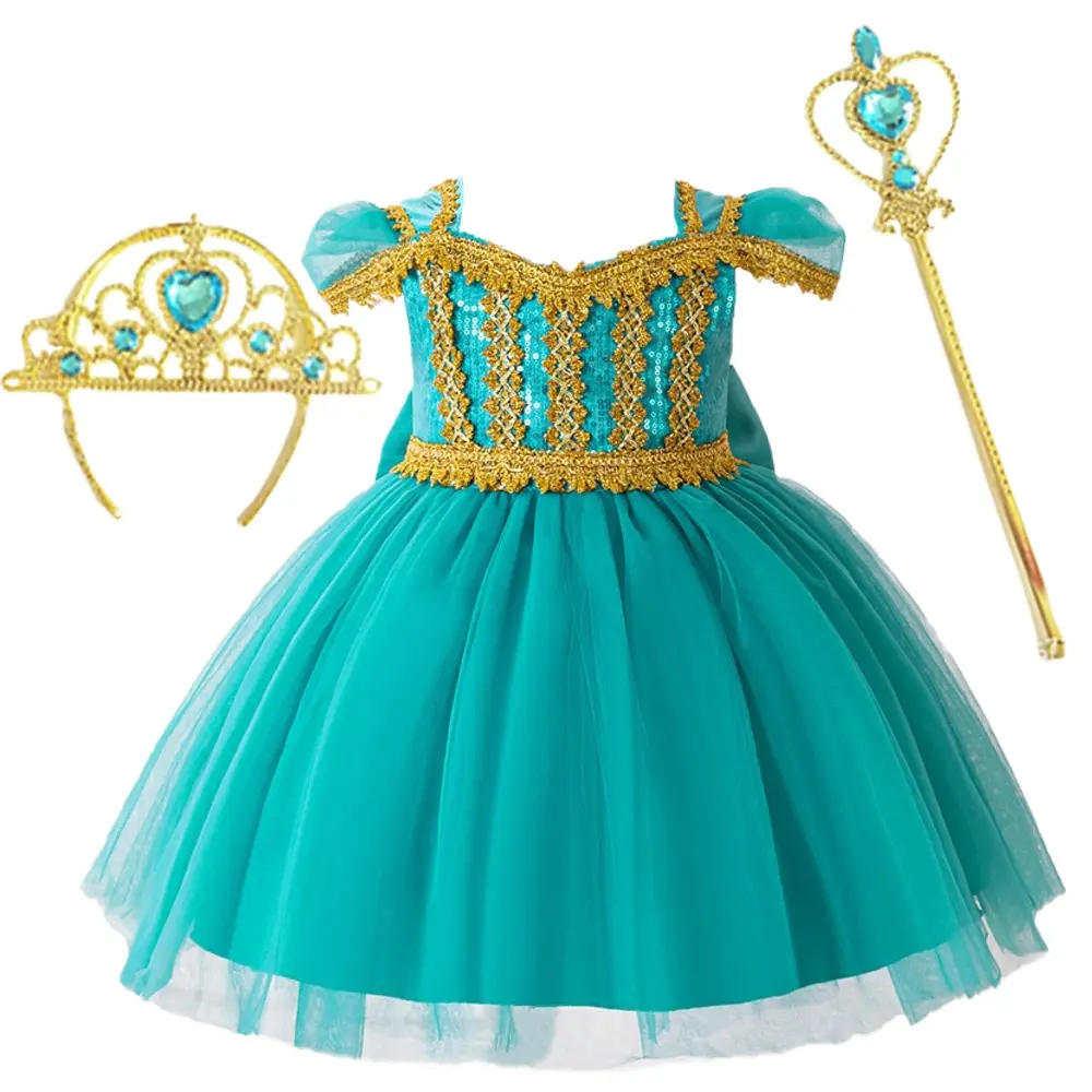 043 (Dress + all accessories) Princess Jasmine's Magic Lamp Costume  Sequined Mesh Princess Dress Girls' Dress Set - TikTok Shop