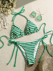 Women's New Stripe Colorblock Halter Bikini Set, Sexy Triangle Cup Two-Piece Swimsuit, Triangle Bikini Top, Beach Bathing Suit, Striped Swimsuits, Halter Swimwear, Perfect for Beach Pool Vacation