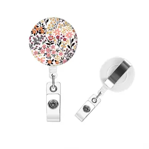 Flower Pattern Retractable Badge Reel, 1 Count Sturdy Belt Clip Secure Attachment Retractable Name Badge Holder, Identification Badges & Supplies for Nurse Doctor Student, Floral Aesthetic