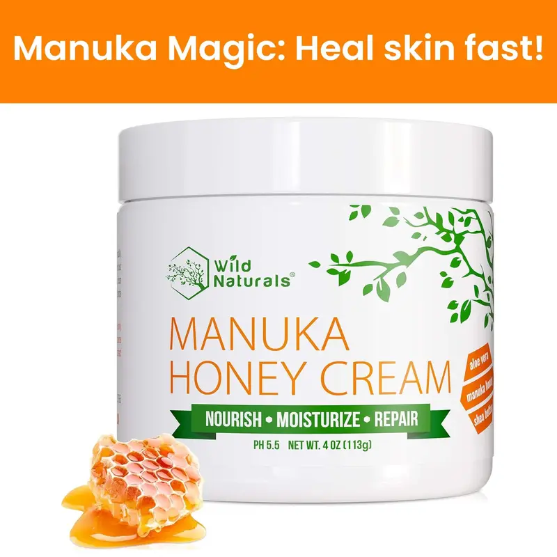 Wild Naturals Manuka Eczema Honey Cream for Soothing & Moisturizing Skin Hydrating Aloe Vera Skincare for Psoriasis Rosacea & Sensitive Skin Non-Greasy Fragrance-Free Daily Moisturizer 4oz Cream - Healing Therapeutic Healthcare