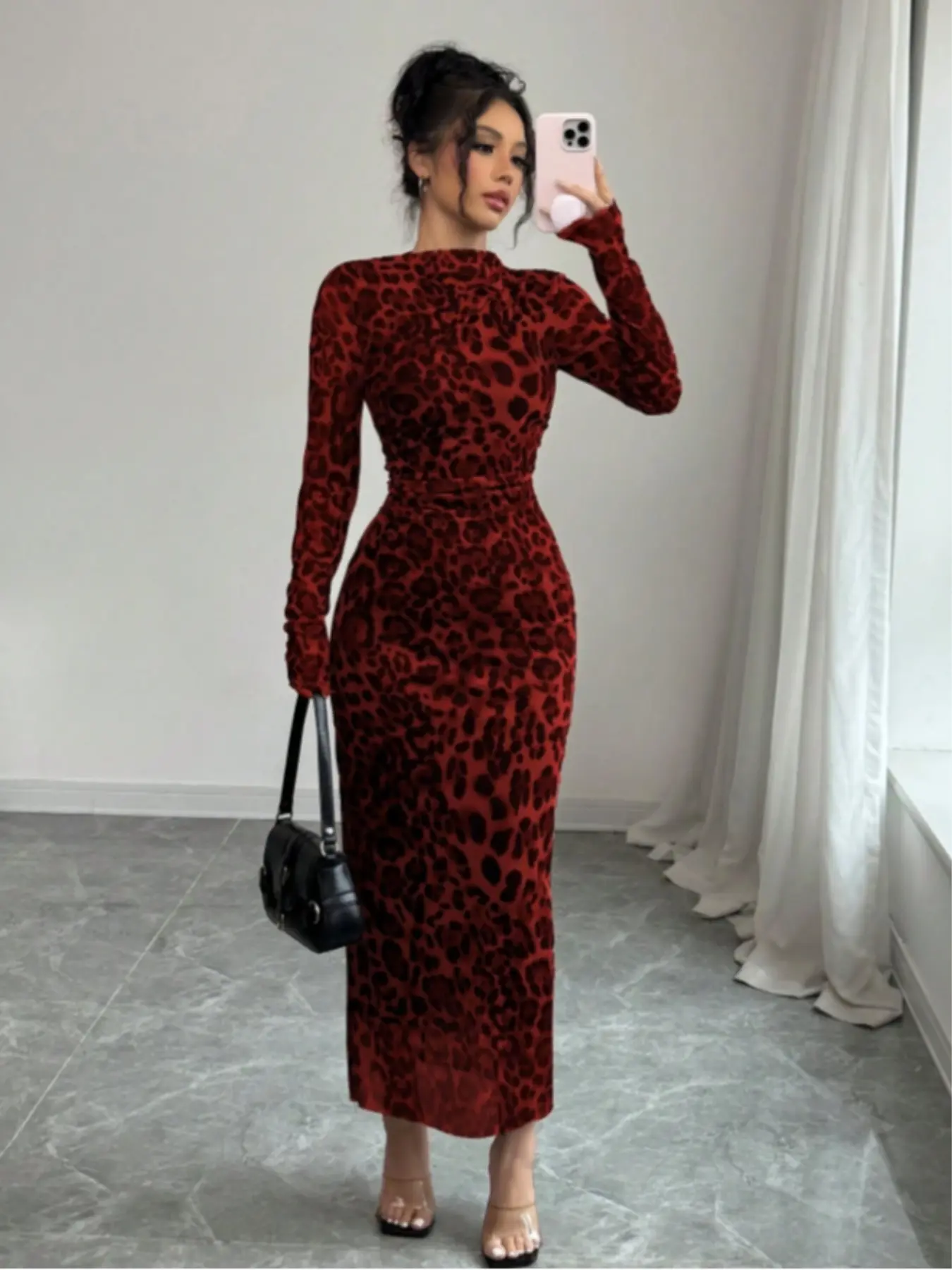 red leopard bodycon dress SHEIN SXY Women's Red And Leopard Print Summer 70s Party Dress,Elegant Strapless Flowy Ruffle Hem Slit Bodycon,Animal Print Cheetah Island Beach Resort