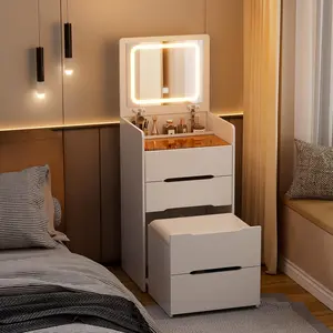 Cream-Style Dressing Table & Bedside Cabinet for Small Rooms Modern Storage with Flip Cover & Multiple Drawers