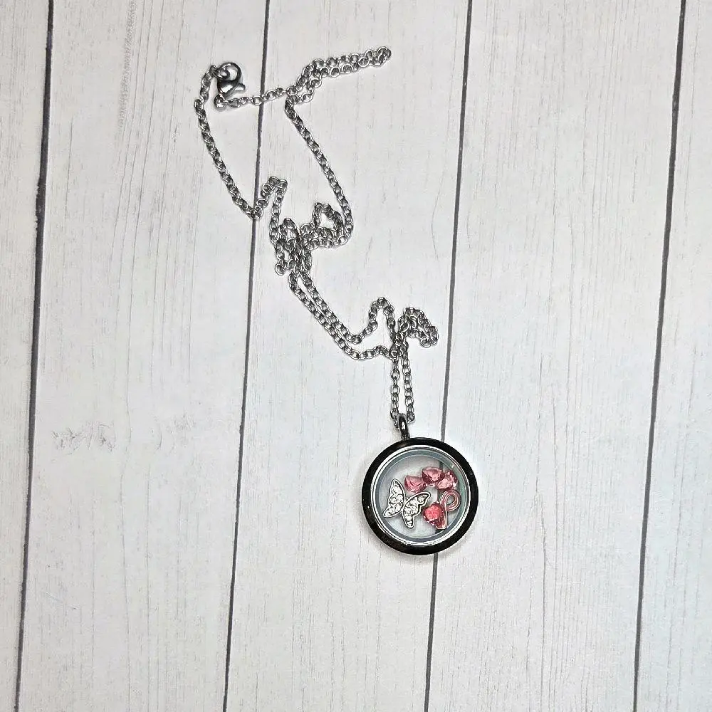 Butterfly and Pink Ribbon Locket Necklace for Women, with Pink and Silver Accents, Fashion Costume Jewelry Accessory, Necklaces For Women, Butterfly Necklaces, Charm Dangle Necklaces