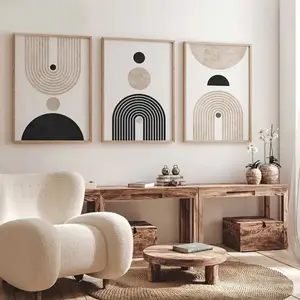 3 Pieces Optional Wooden Frame Geometric Curved Retro Art Wall Poster Canvas Painting Black Beige Abstract Minimalist Retro Modern Living Room Home Decor Living Room Sofa Background Mural Color Accurate Reproduction Hanging Painting