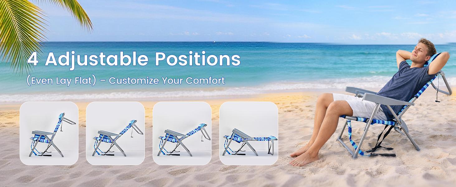 GVDV Adult Beach Folding Chair - Portable Lay-Flat, 4-Position Adjustable Recliner with Cup Holder, Towel Bars, Adjustable Strap, Space-Saving Outdoor Patio Camping Furniture