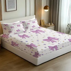 3pcs Purple Bow Fitted Sheet Set, Cute Star Print Bed Sheet Set, Soft Bedding Set for Girls Kids Teens, Aesthetic Bedroom Decor, Deep Pocket, No Fillers, Twin/Full/Queen Size