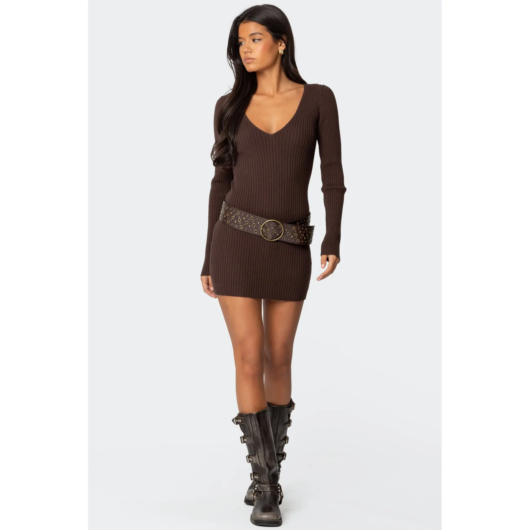 Ribbed Knit V Neck Mini Dress