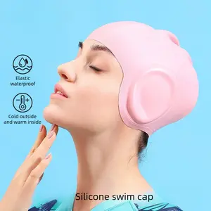 New Ear Protector Swimming Cap Professional Swimming Pool Adult Children's Silicone Swimming Cap Men's and Women's Solid Color Long Hair Ear Protector Swimming Cap