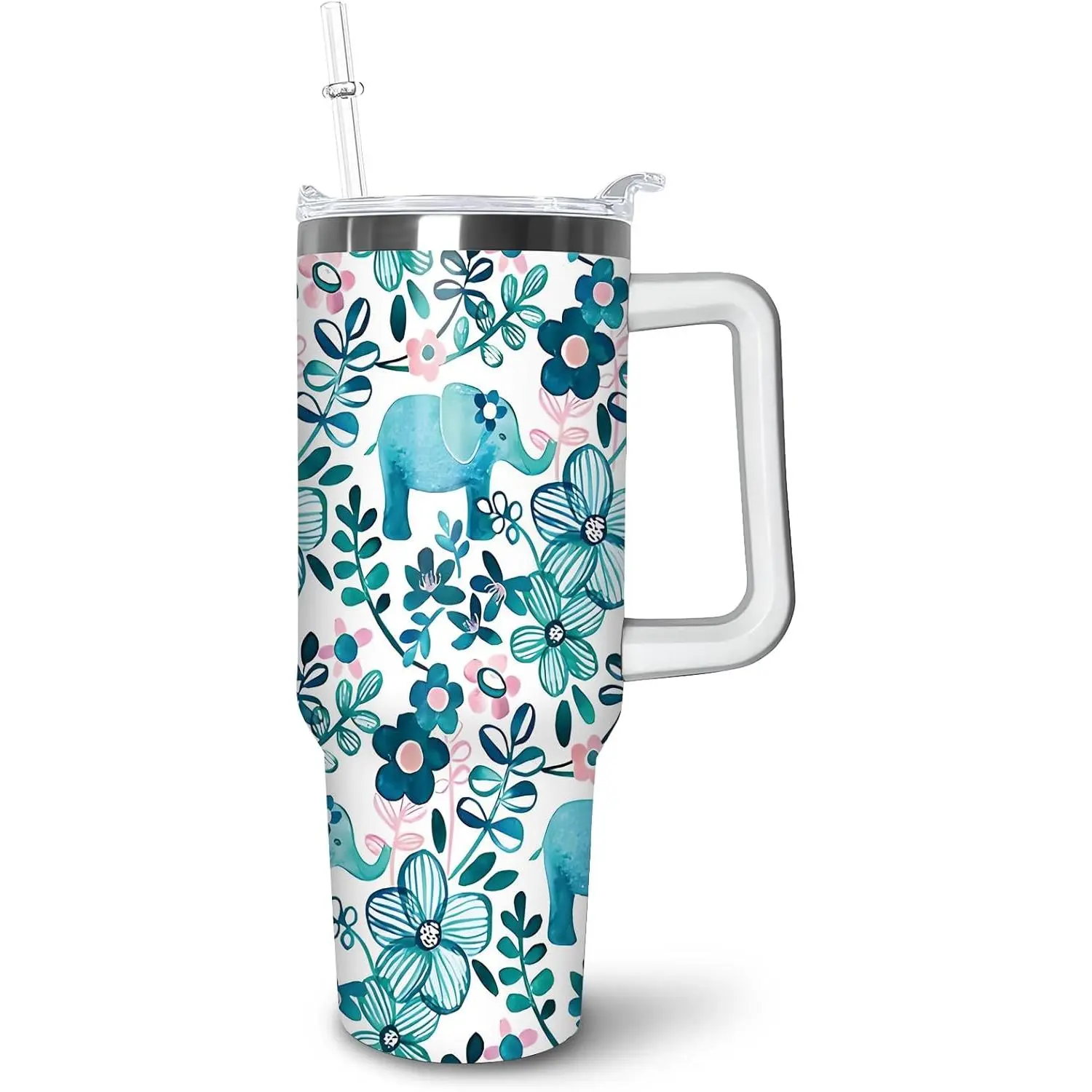 40 oz Stainless Steel Printed Insulated Tumbler - Leakproof Beverage Container with Handle, Straw, Lid, Portable Reusable Drinkware for Coffee, Work, Casual Use, Animal-Themed Gift for Elephant-Loving Women