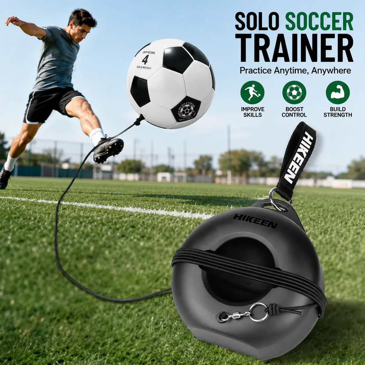 Hikeen Solo Soccer Training Equipment Set - Elasticity Football Balls, Adjustable Rubber Ball, Sturdy Base, 10ft Abrasion-Resistant Cord, Auto Rebound, Quick Assembly, Portable Strap, Indoor/Outdoors Use for Beach & Soccer Skill Practice