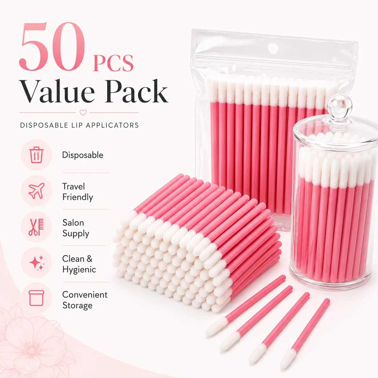 50 PCS Disposable Flocked Lip Brush Wands with Solid Handles - Multi-Use Hygienic No-Clean Makeup Applicators, Soft Tips for Lipstick, Lip Gloss, Concealer, Eyeshadow - BeautyTok GRWM Essential Portable Tool for Professional MUAs, Travel