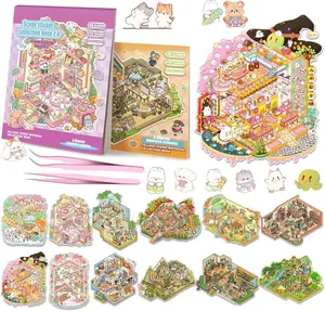 Mother's Day Gift  DIY 3D Sticker Scenes 12 Sets of Stickers for Girls Make Your Own Mini Shop House Scene Stickers for Kids Cute Fun Cartoon Animal Sticker Therapy for Adult Relief Stress Pass The Time (E Sets Book)