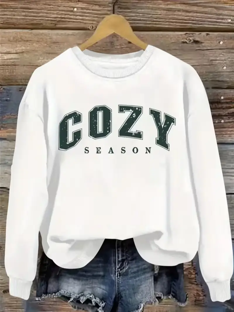 Cozy Season Distressed Varsity Letter Print Fleece Crewneck Sweatshirt, Warm Fall Pullover, Daily Holiday Gift