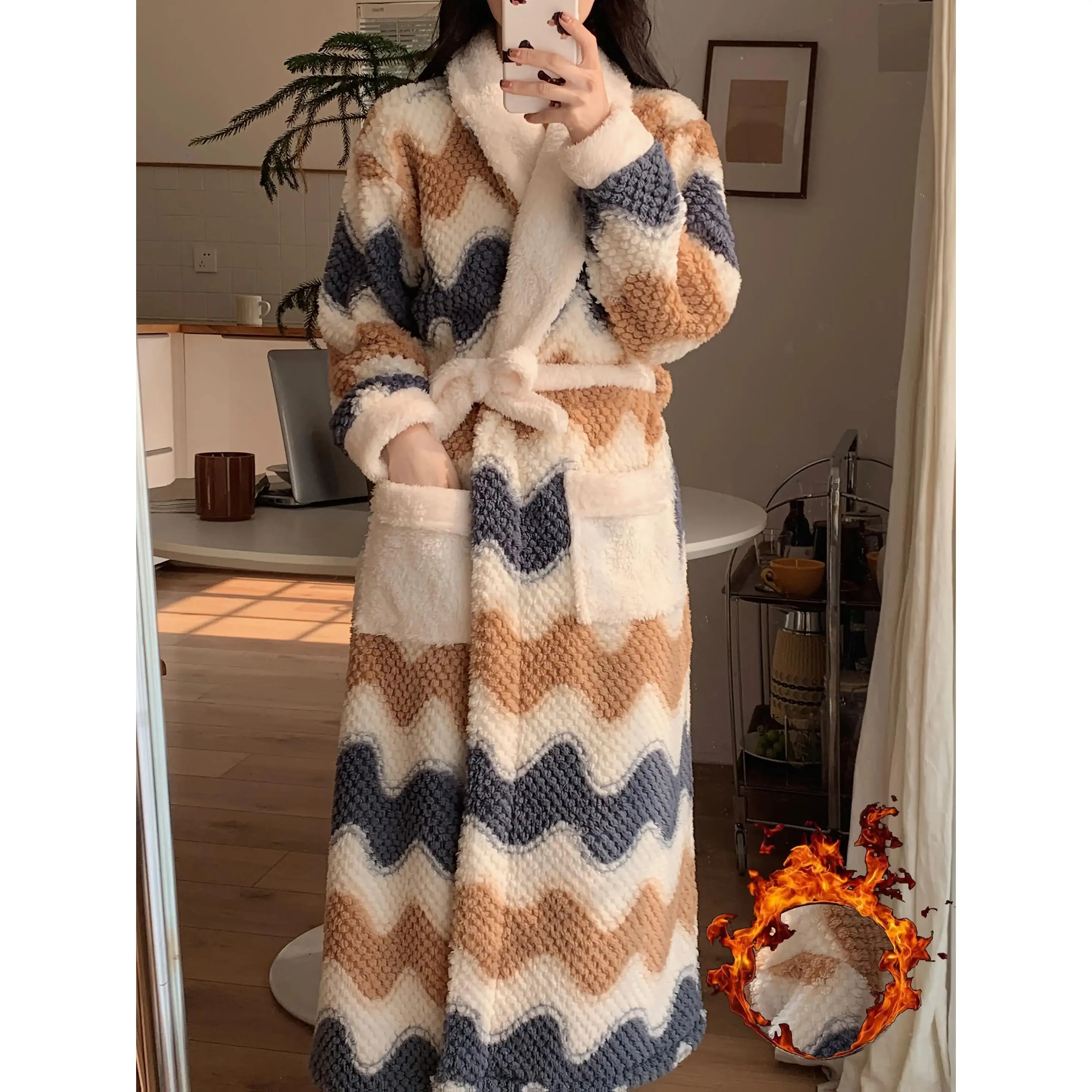 Women's Winter Plush Robe Thick Long Sleeve Collar Bathrobe with Belt Beige Brown White Black Blue Grey Striped Robe for Home Spa Bed to Door Robe Machine Washable Luxury Housecoat