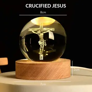Color-Changing Crystal Globe Night Light with Wooden LED Base, Catholic Jesus Cross Prayer Decor, Religious Table Lamp Gift for Bedroom, Church, Prayer Room, Home Altar