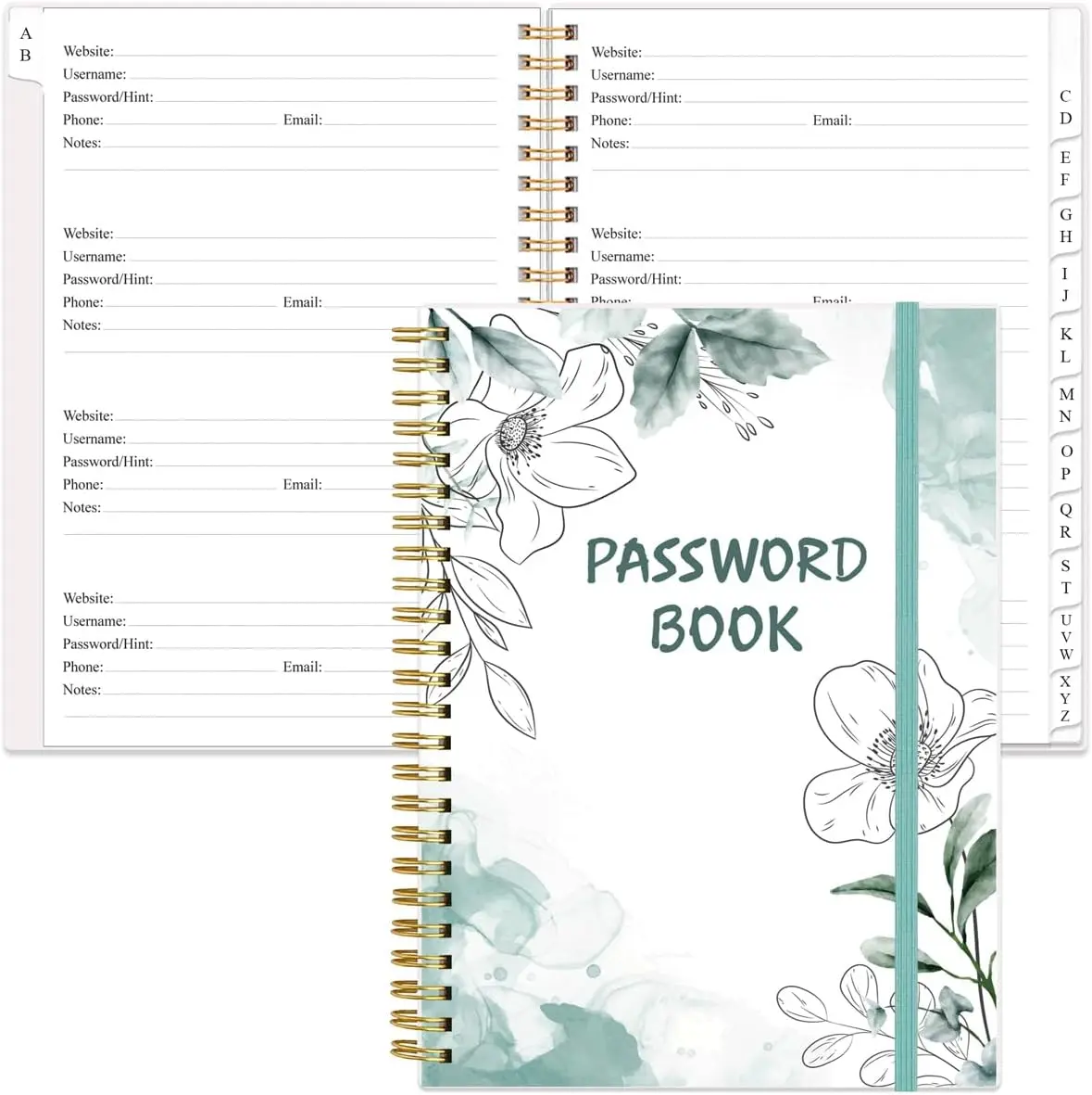 Password Book with Alphabetical Tabs - Large Size Password Keeper Journal Notebook for Computer & Website Logins, 6.4" x 8.5", Teal Floral