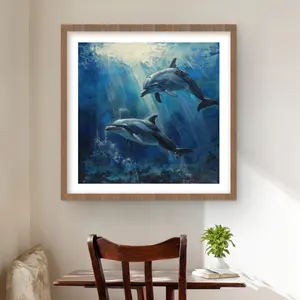 212 MAIN Artistic Vibrant Dolphins Framed Matted Photo Wall Art - 24x24 in Turquoise Wood Frame, Ocean Life Scene, Home Decor Gift for Room Decoration