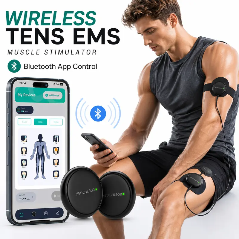 Medcursor Wireless Dual-Channel Muscle Stimulator TENS Unit - Lightweight Cordless Massage Device, App-Controlled, 3 Modes, 25 Intensities, Session Memory, Batteries Included, Portable with Storage Pouch, Back/Leg Pain Relief, Gift for Adults, Leg Massage
