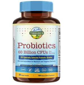 Terranics Probiotics 60 Billion CFU, 20 Strains, 60 Veg Capsules, Prebiotics & Probiotics, Shelf Stable Probiotic Supplement for Men & Women, Digestive & Immune Health, Non-GMO, NO Soy, Dairy & Gluten