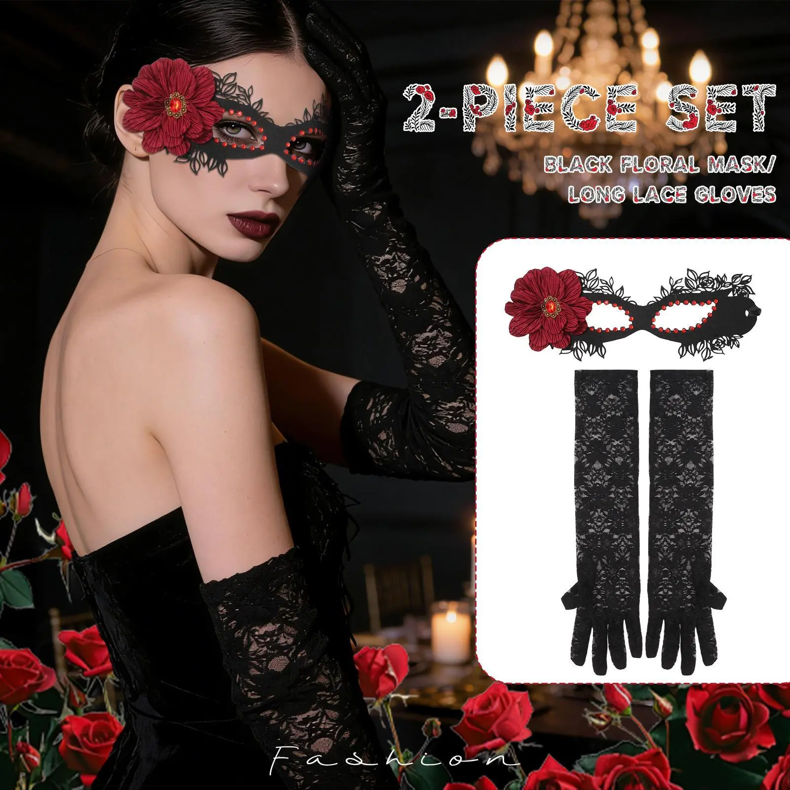 OIDEA Women's 2-Piece Elegant Floral Lace Masquerade Mask & Stretchy Fabric Gloves Set - Adjustable, Lightweight, Comfortable Festive Evening Accessory That Fits Halloween Party Costume Vibes